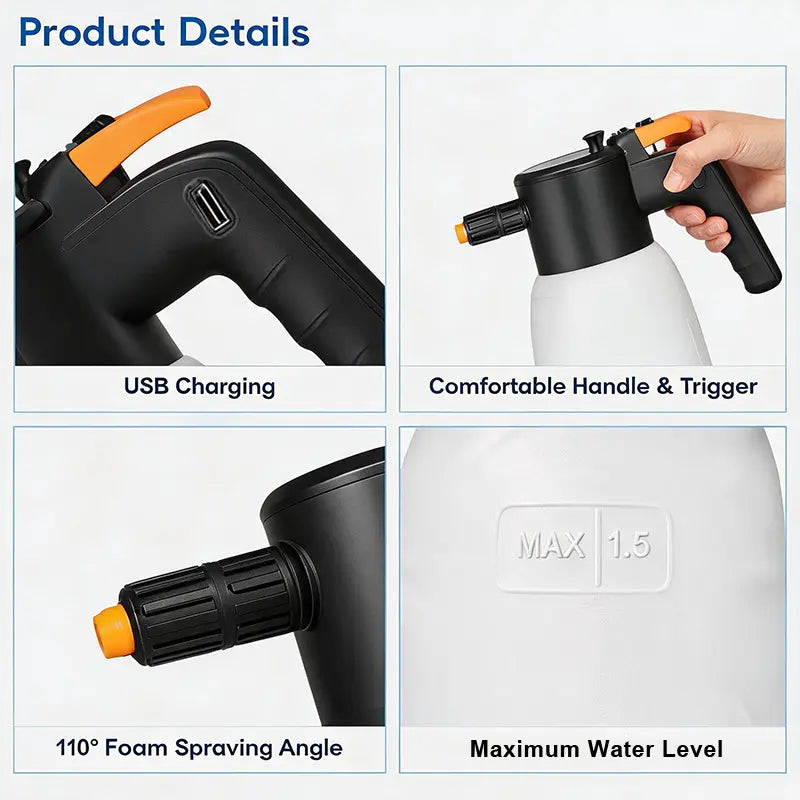 Portable Cordless Electric Foam Sprayer, Rechargeable High Pressure Foam Cannon for Car Wash, Auto Detailing, Home, Industrial Cleaning, Smart Pressure Control Core, Ergonomic Handle for Kitchen, Car, Garden, Windows and Bathroom - Car Wash Accessories!