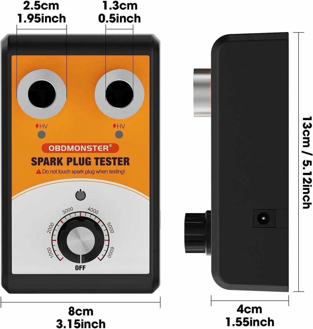 OBDMONSTER 12V Automotive Spark Plug Tester Unit - Spark Plug Analyzer, Adjustable Frequency Diagnostic Tool for Gasoline Cars, Dual-Hole High-Precision Safe Device with Simultaneous Testing & Protective Cover