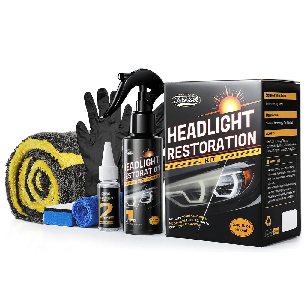 Toretark No-Sand Car Headlight Restoration Kits (100ML Cleaning Solution + 20ML Crystal Coating Agent), Repairs Oxidized and Yellowed Headlights, Crystal Clear Coating, Car Care Product, Gift for Him/Her