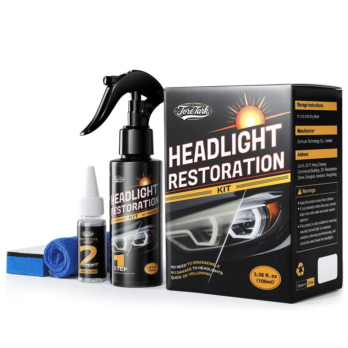 Toretark No-Sand Car Headlight Restoration Kits (100ML Cleaning Solution + 20ML Crystal Coating Agent), Repairs Oxidized and Yellowed Headlights, Crystal Clear Coating, Car Care Product, Gift for Him/Her
