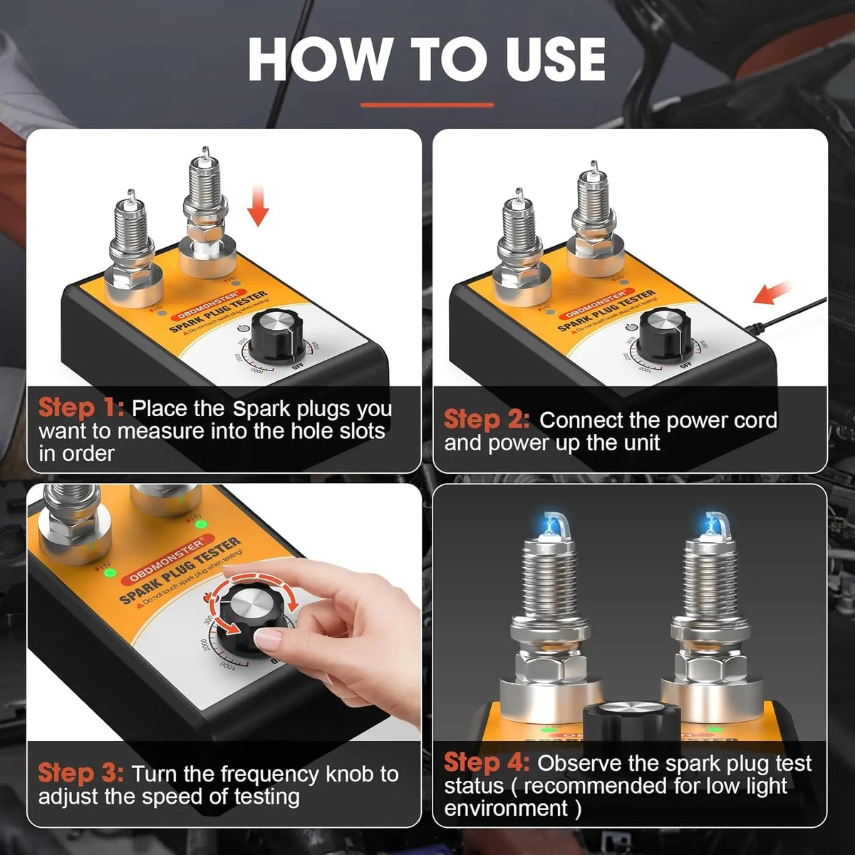 OBDMONSTER 12V Automotive Spark Plug Tester Unit - Spark Plug Analyzer, Adjustable Frequency Diagnostic Tool for Gasoline Cars, Dual-Hole High-Precision Safe Device with Simultaneous Testing & Protective Cover