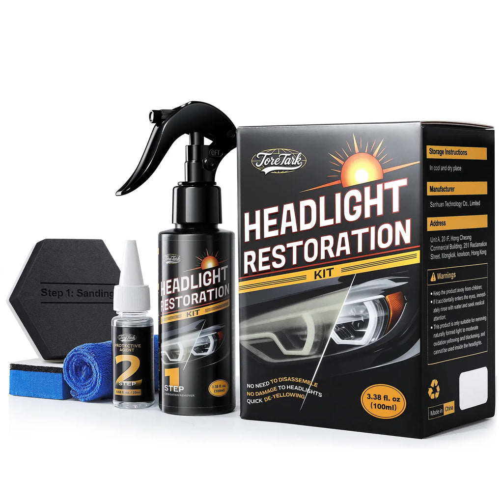 Toretark No-Sand Car Headlight Restoration Kits (100ML Cleaning Solution + 20ML Crystal Coating Agent), Repairs Oxidized and Yellowed Headlights, Crystal Clear Coating, Car Care Product, Gift for Him/Her