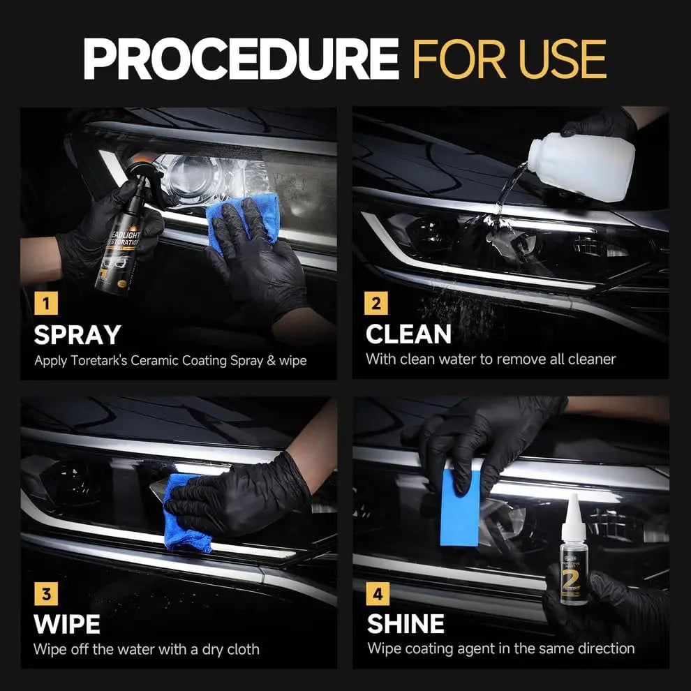 Toretark No-Sand Car Headlight Restoration Kits (100ML Cleaning Solution + 20ML Crystal Coating Agent), Repairs Oxidized and Yellowed Headlights, Crystal Clear Coating, Car Care Product, Gift for Him/Her