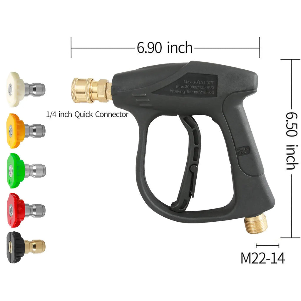 Pressure Washer Spray Gun Kit with Aluminum Core, Locking Handle, M22-14 Inlet, 1/4 in Outlet, Quick Connect Components, 5 Pressure Nozzles & Foam Sprayer, Max 3000 PSI Car Wash Accessory (Tools & Hardware), Handheld Car Wash, Car Wash Sprayer, 1/4 Inch O
