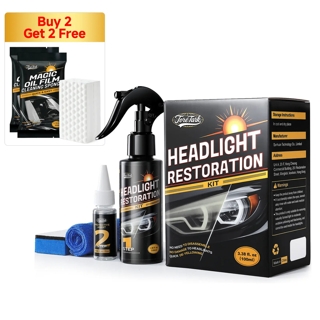 Toretark No-Sand Car Headlight Restoration Kits (100ML Cleaning Solution + 20ML Crystal Coating Agent), Repairs Oxidized and Yellowed Headlights, Crystal Clear Coating, Car Care Product, Gift for Him/Her