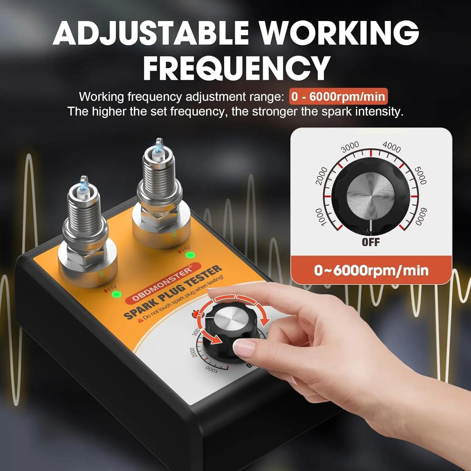 OBDMONSTER 12V Automotive Spark Plug Tester Unit - Spark Plug Analyzer, Adjustable Frequency Diagnostic Tool for Gasoline Cars, Dual-Hole High-Precision Safe Device with Simultaneous Testing & Protective Cover