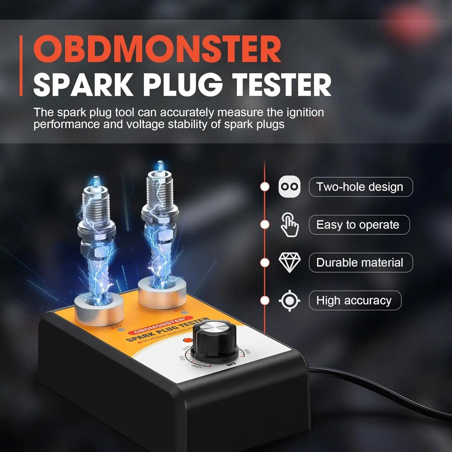 OBDMONSTER 12V Automotive Spark Plug Tester Unit - Spark Plug Analyzer, Adjustable Frequency Diagnostic Tool for Gasoline Cars, Dual-Hole High-Precision Safe Device with Simultaneous Testing & Protective Cover